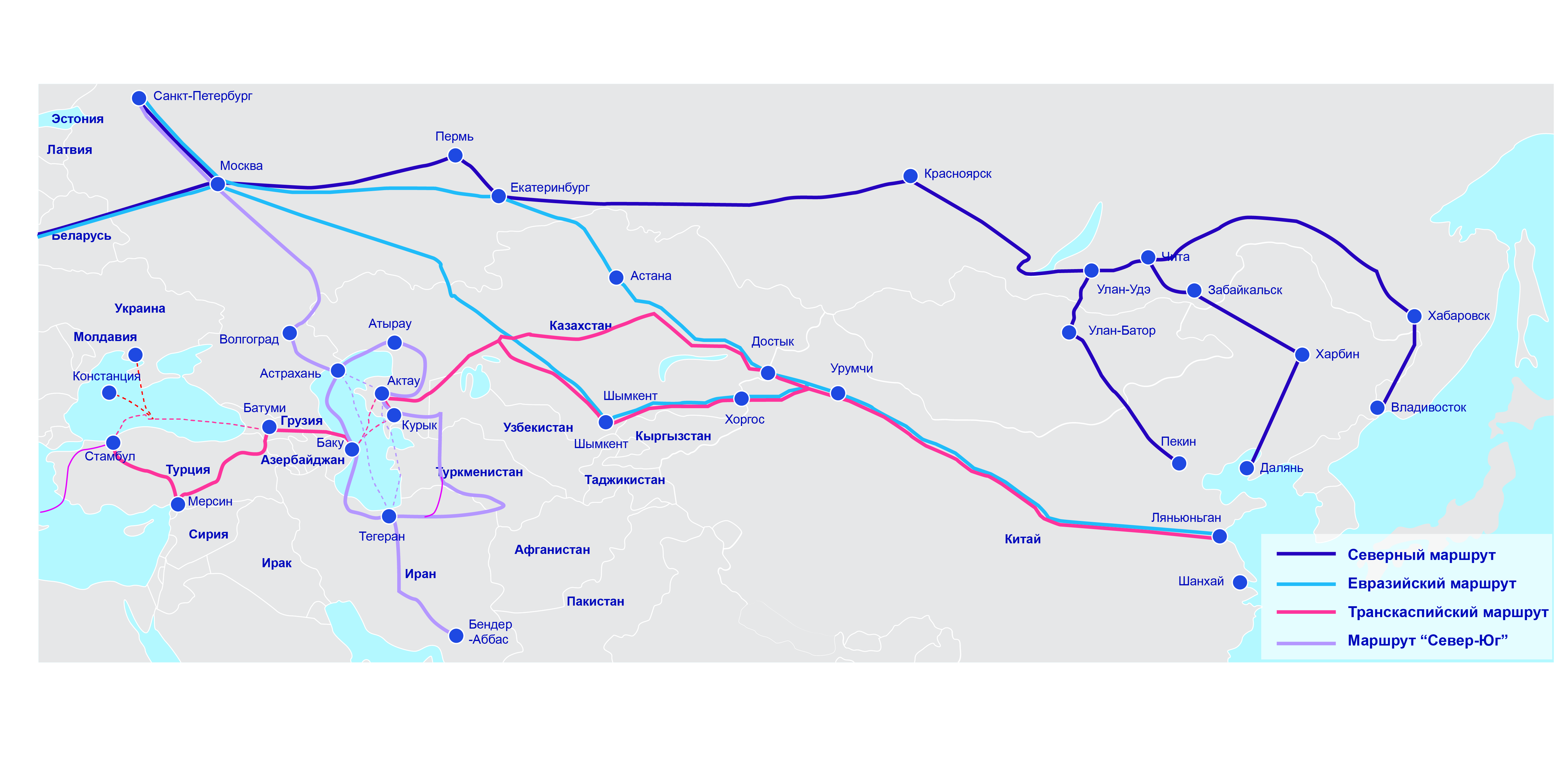 Ключевые транспортные коридоры между Европой и Азией <br>Источник: Eurasian Rail Alliance Index (ERAI)<br> — Kapital.kz 